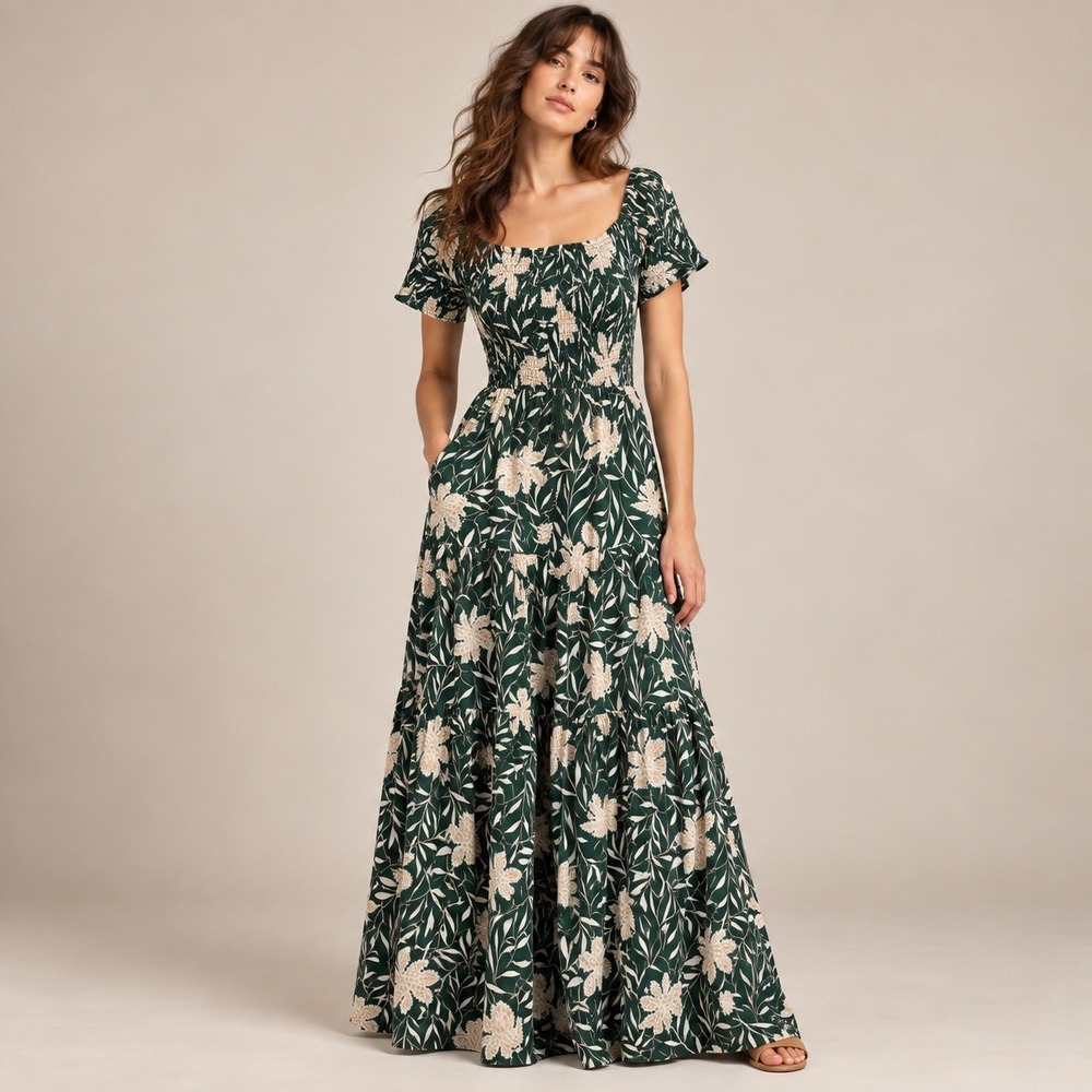 Baltic Born Becca Maxi Dress Women Large Green Smocked Floral Tiered Boho Resort